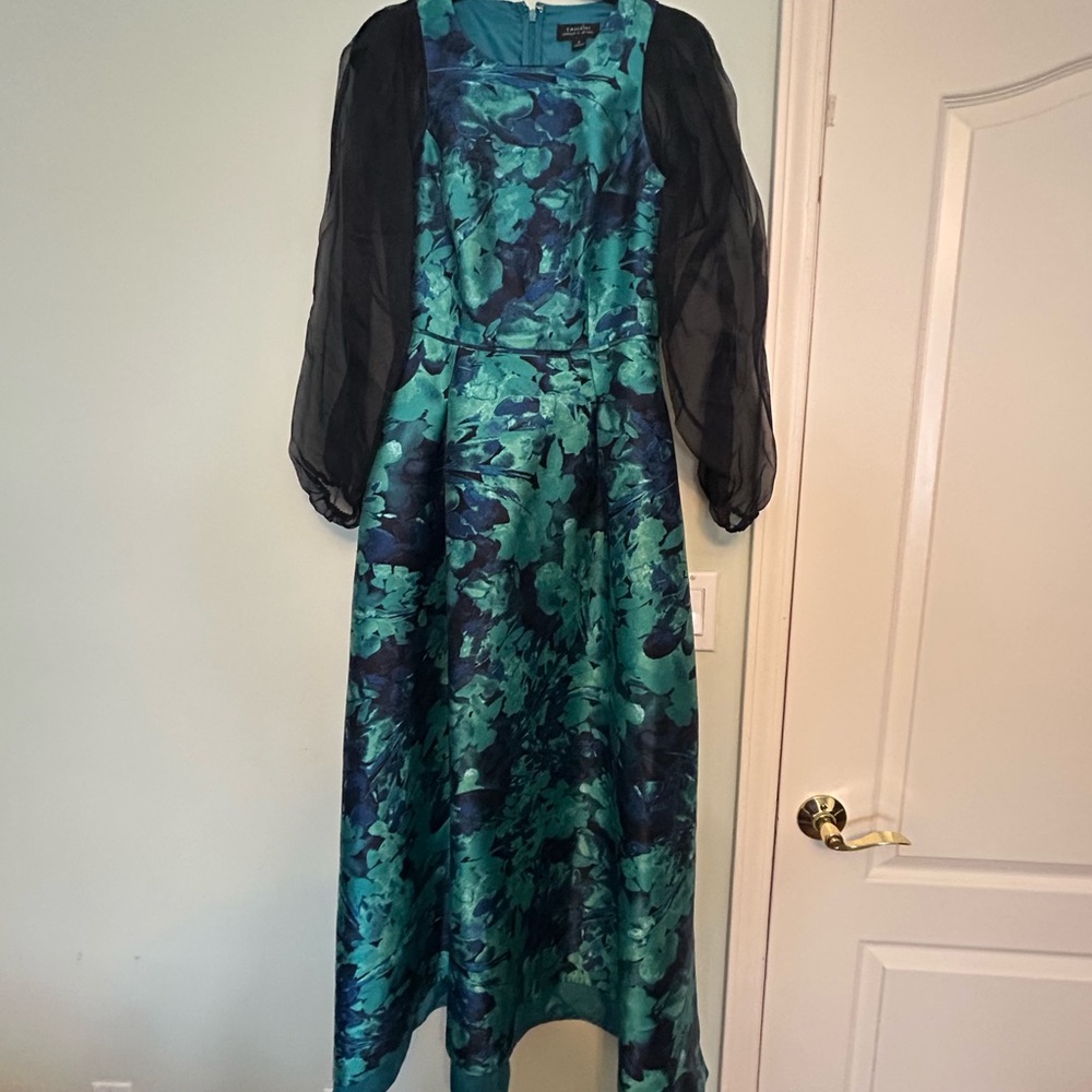 Tahari Teal Floral Dress with Black Sleeves